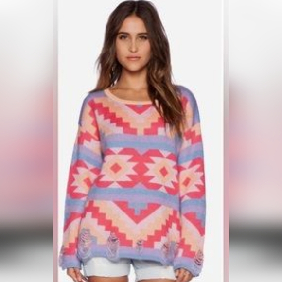 WILDFOX Desert Drive Multicolor PatternedSweater in Acid Pink. Size Small - Picture 14 of 15